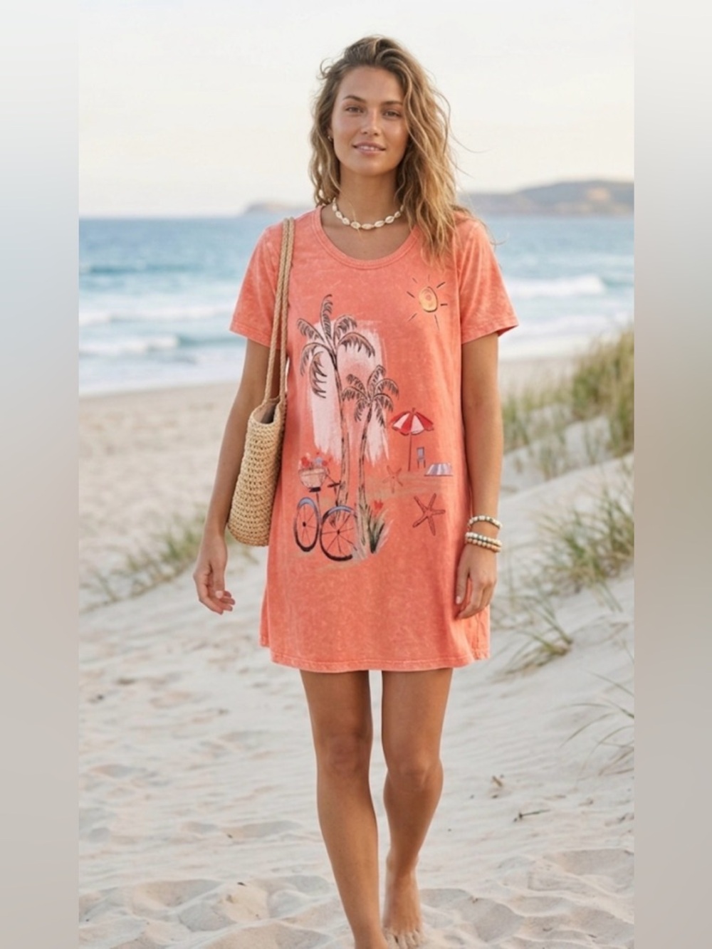 Jess & Jane‎ tropical Coral Beach Tunic Dress with Palm Print beachy XL coastal